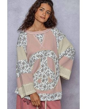 Pol Crew Neck Printed Peace Patch Overlock Stitch Knit Top - Gray