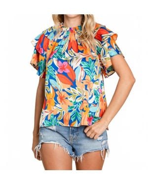 Jodifil Tropical Floral Print Ruffled Sleeve Top - Blue