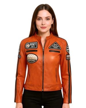 Infinity Leather Leather Biker Racing Badges Jacket-Dalby - Orange