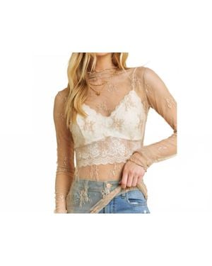 Sweet Generis Mesh Lace High Neck Design Long Sleeve Fitted Top - Blue
