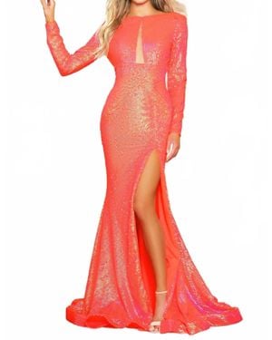 Ava Presley Long Sleeve Boat Neck Prom Dres - Red