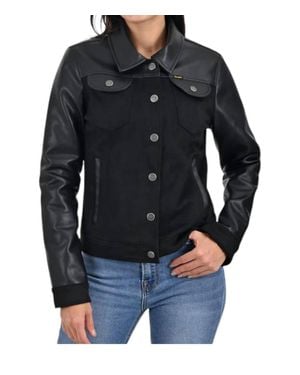 Wrangler Faux Leather Snap Trucker Jacket - Black