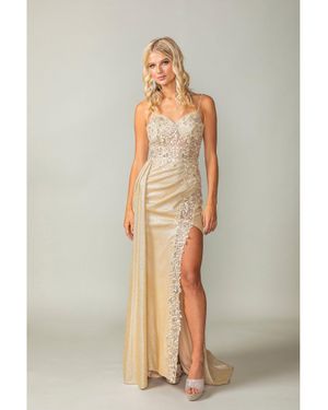 DQ Spaghetti Strap Glitter Gown With Lace-Up Back And Cascading Side Ruffle Prom Dress - White