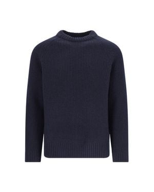 Closed Ribbed Knit Sweater With Crew Neckline - Blue