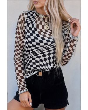 TRUEDAMES Checke Pattern Mesh Mock Neck Long Sleeve Top - Black