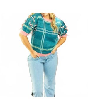 Grace + Emma Plaid Sweater With Puff Sleeves - Blue