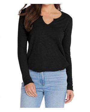 Bobi Split V-Neck Tee With Raw Cut Binding - Black