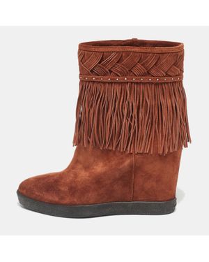 Le Silla Suede Fringe Wedge Ankle Boots - Brown