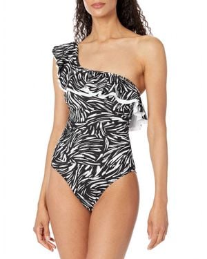 Gottex Swan One Shoulder Ruffle One Piece Swimsuit - Black