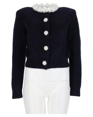 Self-Portrait Cropped Fuzzy Lace-Trim Alpaca-Blend Sweater - Blue