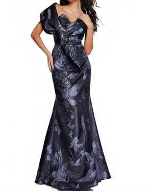 Jovani Elegant Floral Gown With Asymmetrical Detailing - Blue