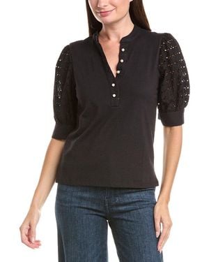 Cece Henley Mixed Media Top - Black