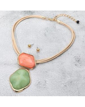 Fashnzfab Bold Abstract Double Resin Link Pendant Statement Necklace - Gray