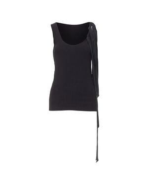 Dries Van Noten 2020 Ribbed Cotton Long Ribbon Shoulder Tank Top M - Black
