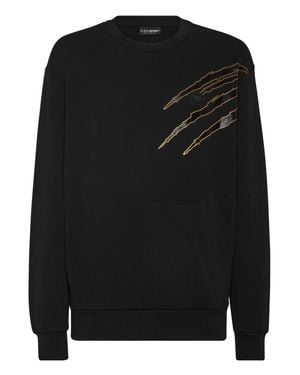 Philipp Plein Cotton Sweatshirt Round Neck Ls Lamina Scratch - Black