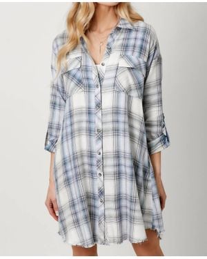 Mystree Rolled Up Sleeve Washed Plaid Mini Dress - Blue
