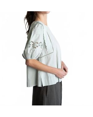 Elle Grey Embroidered Puff Sleeve Blouse - Gray