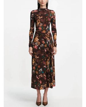 Lela Rose Floral Printed Jersey Long Sleeve Draped Front Dress - Brown