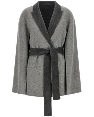 Alberta Ferretti Textured Wool Coat With Shawl Collar And Matching Belt - Gray