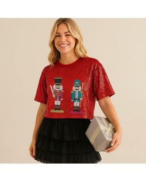 TRUEDAMES Sequin Nutcracker Holiday Party Shirt - Red