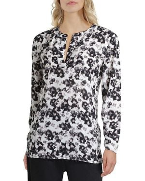 Halston H By Top Floral Split Neck Blouse Pullover Jdm849 - White