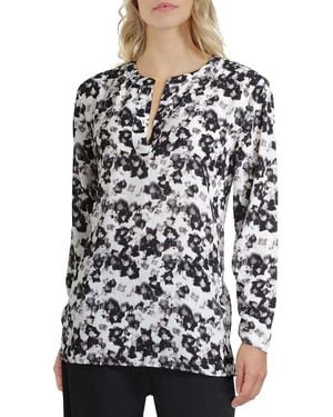 Halston H By Top Floral Split Neck Blouse Pullover Jdm849 - White