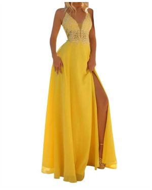 Clarisse Embroidered Deep V-Neck A-Line Gown - Yellow