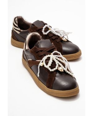 Forever & Always Shoes Taren Leather Pearl Buckle Sneakers - Black