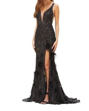 Amarra Feathered Sequined Evening Gown - Black