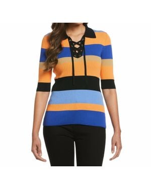 Rafaella Lace-Up Polo Sweater Top - Blue