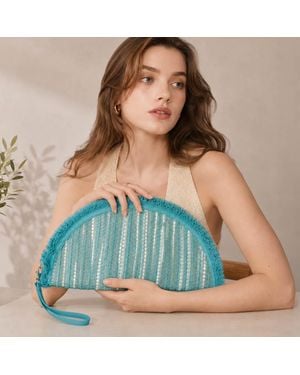 Fashnzfab Boho Fringe Textured Half Moon Clutch Bag - Blue