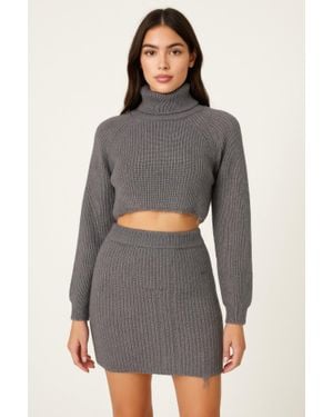 TRUEDAMES Knit Mock Neck Top And Skirt - Gray
