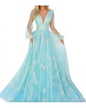 Tarik Ediz Plunging V-Neck Prom Dress - Blue