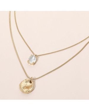 Fashnzfab Faceted Gem Hammered Disc Pendant Layered Necklace - Natural