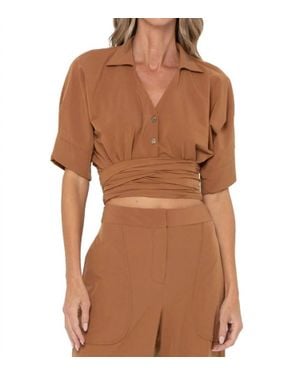 JBQ Halle Short Sleeve Collared V Top - Brown