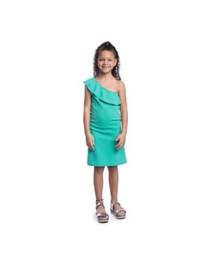 24seven Comfort Apparel 24Sevenkid Girls Solid Color One Shoulder Ruffle Knee Length Dress - Blue