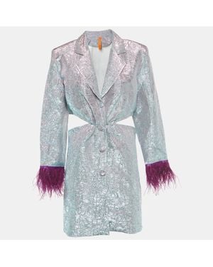 Koh Sui Metallic Lurex Button Front Feather Detail Cut-Out Mini Dress - Multicolor