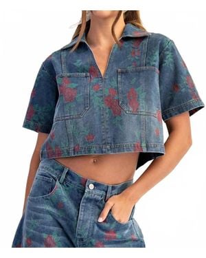Eesome Rose Print Denim Top - Blue