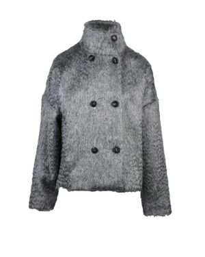 Eleventy Textured Double-Breasted Coat With High Collar And Cozy Silhouette - Gray