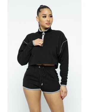 TRUEDAMES Sporty Crop Top Sporty High-Waist Shorts Set - Black