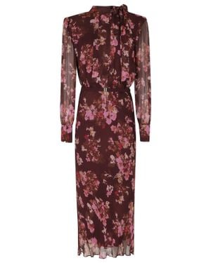 Nissa Bordeaux Ruffle Waistband Floral Print Viscose Evening Dress - Red