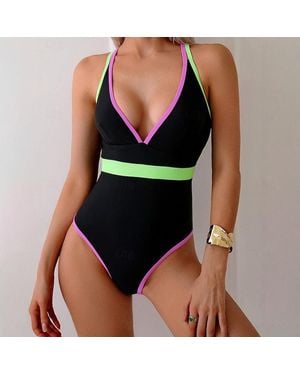 TRUEDAMES Color Block Trim Sexy Triangle Bikini Backless Sports One Piece Swimsuit - Black