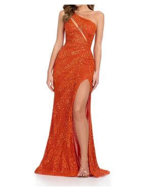 Ashley Lauren One-Shoulder Cut Out Fully Beaded Gown - Red