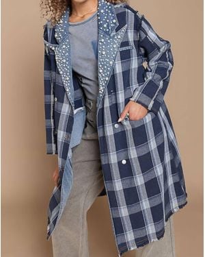 Pol Pearl Detailed Plaid Long Blazer - Blue