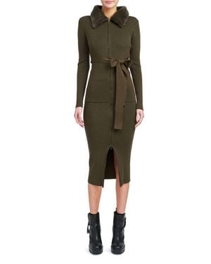 En Saison Long Sleeve Belted Midi Dress With Faux Fur Collar - Green