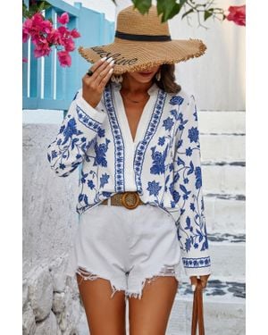 Fashnzfab Floral Print Notched Collar V Neck Shirt - Blue