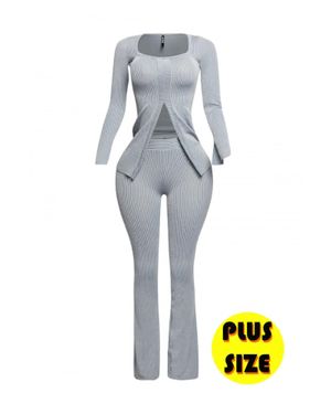 TRUEDAMES Plus Size Ribbed Pant Set With Slit Detail - White