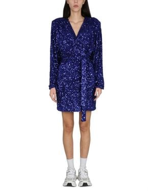 ROTATE BIRGER CHRISTENSEN Deep V-Neck Sequined Evening Dress With Adjustable Belt - Blue