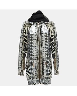 Roberto Cavalli Printed Velvet Zip Front Hooded Jacket - Black