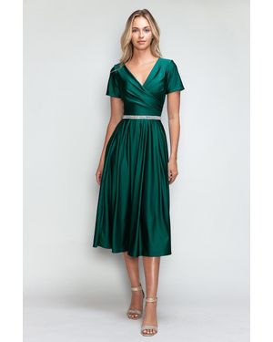 TRUEDAMES V-Neck Short Sleeve Midi Dress With Rhinestone Waistband And Pockets - Green